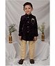 LITTLE COLLARS Velvet Woven Full Sleeves Textured Sherwani Pant Set With Brooch - Wine