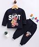 Blushh Berry Cotton Knit Full Sleeves Teddy Printed Tee With Jogger Set - Navy Blue
