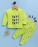 Blushh Berry Cotton Knit Full Sleeves Yay Text Printed Tee With Jogger Set - Green