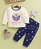 Blushh Berry Cotton Knit Full Sleeves Book And Study Bug Text Printed Tee With Jogger Set - Cream
