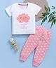 Blushh Berry Cotton Knit Half Sleeves Cloud Printed Tee & Joggers Set - Pink
