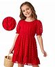 Hola Bonita Woven Half Puffed Sleeves Solid Color Dress - Red