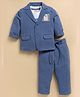 LITTLE COLLARS Cotton Blend Knit Full Sleeves Solid Coat & Pants With Tee Set - Blue