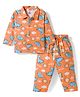 Doodle Poodle 100% Cotton Knit Full Sleeves Co-Ords Shirt & Pyjama Night-Suit With Dino Print - Orange