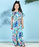 Cutiekins Woven Sleeveless Floral Printed Frill Detailed Jumpsuit - Blue & Pink