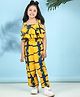 Cutiekins Woven Sleeveless Tie & Dye Printed  Frill Detailed Jumpsuit - Yellow & Navy Blue