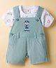 ToffyHouse Cotton Knit Dungaree & Half Sleeves T-Shirt with Nautical Theme Print & Embroidery - Sea Green & White
