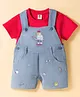 ToffyHouse Cotton Knit Half Sleeves T-Shirt & Dungaree with Teddy Embroidery - Red & Light Blue
