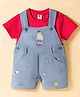 ToffyHouse Cotton Knit Half Sleeves T-Shirt & Dungaree with Teddy Embroidery - Red & Light Blue