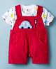 ToffyHouse Interlock Knit Half Sleeves T-Shirt & Dungaree with Vehicle Patch & Print - Red & White