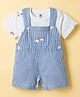 ToffyHouse Cotton Knit Half Sleeves T-Shirt & Dungaree with Stripes & Rainbow Embroidery - Light Blue & White