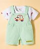 ToffyHouse 100% Cotton Knit Dungaree & Half Sleeves T-Shirt with Car Print & Embroidery - Light Green