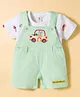 ToffyHouse 100% Cotton Knit Dungaree & Half Sleeves T-Shirt with Car Print & Embroidery - Light Green