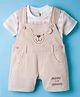 ToffyHouse Cotton Knit Half Sleeves T-Shirt & Dungaree with Stripes & Teddy Embroidery - Beige