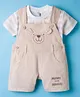 ToffyHouse Cotton Knit Half Sleeves T-Shirt & Dungaree with Stripes & Teddy Embroidery - Beige