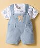 ToffyHouse Cotton Knit Half Sleeves T-Shirt & Corduroy Dungaree With Bear Print & Embroidery - Light Blue