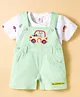 ToffyHouse Cotton Knit Half Sleeves T-Shirt & Dungaree with Vehicle Print & Embroidery - Light Green & White