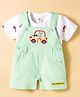 ToffyHouse Cotton Knit Half Sleeves T-Shirt & Dungaree with Vehicle Print & Embroidery - Light Green & White