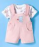 ToffyHouse Cotton Knit Dungaree & Half Sleeves T-Shirt With Teddy Bear Print & Patch - Light Red