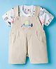 ToffyHouse Cotton Knit Half Sleeves Dungaree & T-Shirt with Vehicle Print & Embroidery - Beige & White