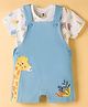 ToffyHouse Cotton Knit Jungle Theme Embroidered & Printed Dungaree & Half Sleeves Inner Tee - Light Blue
