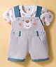 ToffyHouse Cotton Knit Dungaree & Half Sleeves T-Shirt with Teddy Print - Light Blue & White