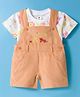 ToffyHouse Corduroy Dungaree & Cotton Knit Half Sleeves T-Shirt With Animals Print & Embroidery - Orange