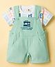 ToffyHouse Cotton Knit Dungaree & Printed Half Sleeves T-Shirt With Text Embroidery - Sea Green & White