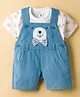 ToffyHouse Cotton Knit Dungaree & Half Sleeves T-Shirt With Bear Print & Patch - Blue & White