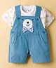 ToffyHouse Cotton Knit Dungaree & Half Sleeves T-Shirt With Bear Print & Patch - Blue & White