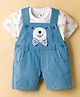 ToffyHouse Cotton Knit Dungaree & Half Sleeves T-Shirt With Bear Print & Patch - Blue & White