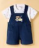 ToffyHouse Interlock Knit Half Sleeves T-Shirt & Dungaree with Vehicle Print & Embroidery - Navy Blue & White