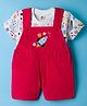 ToffyHouse Cotton Knit Half Sleeves T-Shirt & Dungaree Set with Space Theme Print & Embroidery - Red & White