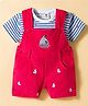 ToffyHouse Corduroy Dungaree & Cotton Knit Half Sleeves Striped T-Shirt With Boat Embroidery & Print - Red