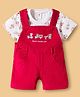 ToffyHouse Cotton Knit Corduroy Dungaree & Half Sleeves T-Shirt With Vehicle Print & Embroidery - Red & White