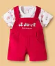 ToffyHouse Cotton Knit Corduroy Dungaree & Half Sleeves T-Shirt With Vehicle Print & Embroidery - Red & White