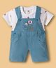 ToffyHouse Interlock Knit Half Sleeves T-Shirt & Corduroy Dungaree with Space Theme Print & Embroidery - White & Light Blue