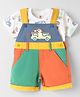 ToffyHouse Cotton Knit Half Sleeves T-Shirt & Dungaree With Vehicle Print & Embroidery - White