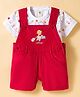 ToffyHouse Cotton Knit Dungaree & Half Sleeves T-Shirt With Animal Print & Embroidery - Red & White