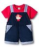 ToffyHouse Interlock Knit Half Sleeves T-Shirt & Corduroy Dungaree with Teddy Patch and Bow Applique - Navy Blue & Red