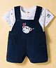 ToffyHouse Cotton Knit Monkey Embroidered Dungaree & Half Sleeves T-Shirt with Monkey Print - Navy Blue & White
