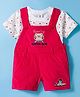 ToffyHouse Interlock Knit Half Sleeves T-Shirt & Corduroy Dungaree with Teddy Patch & Print - White & Red