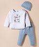 Simply Interlock Knit Full Sleeves T-Shirt & Striped Lounge Pant Set With Animal Print & Cap - Light Grey