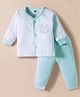Simply Sinker Knit Full Sleeves Striped Front Open Night Suit With Teddy Bear Print - Light Blue