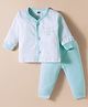 Simply Sinker Knit Full Sleeves Striped Front Open Night Suit With Teddy Bear Print - Light Blue