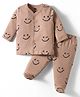 Simply SInker Knit Full Sleeves Co-ords Footed Night Suit With Smiley Print - Tan