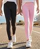 Pine Kids Cotton Lycra Knit Full Length Solid Color Leggings Pack of 2 - Black & Pink