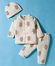 Simply Cotton Knit Full Sleeves  Co-Ord Night Suit with Cap and  Teddy Print - Offwhite