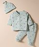 Simply Cotton Knit Full Sleeves  Co-Ord Night Suit with Cap and  Dino Print - Sea Green