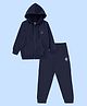 Kiddopanti Fleece Knit Full Sleeves Brand Logo Printed Light Winter Hooded Sweatshirt With Track Pants Set - Navy Blue